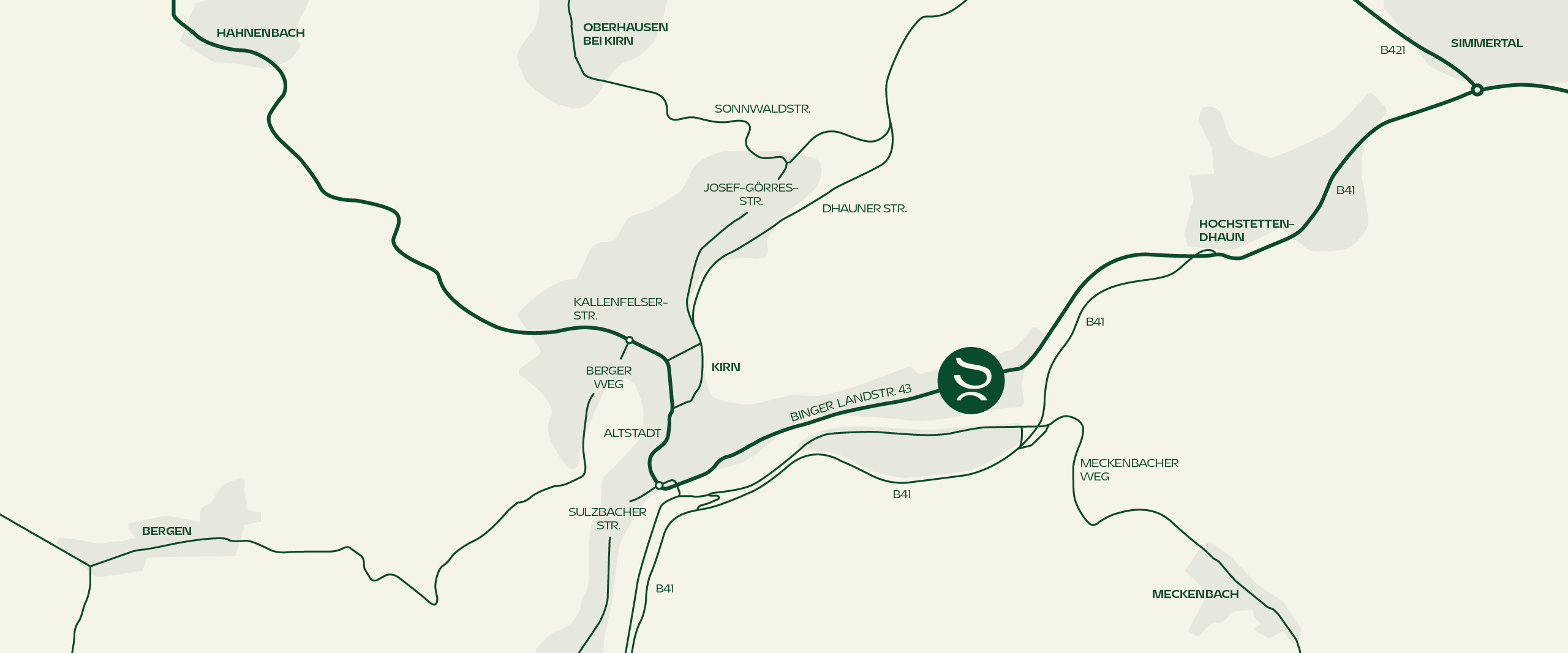 Eine Karte von der Umgebung rund um YASMILE Kirn mit eingezeichneten Straßennamen.